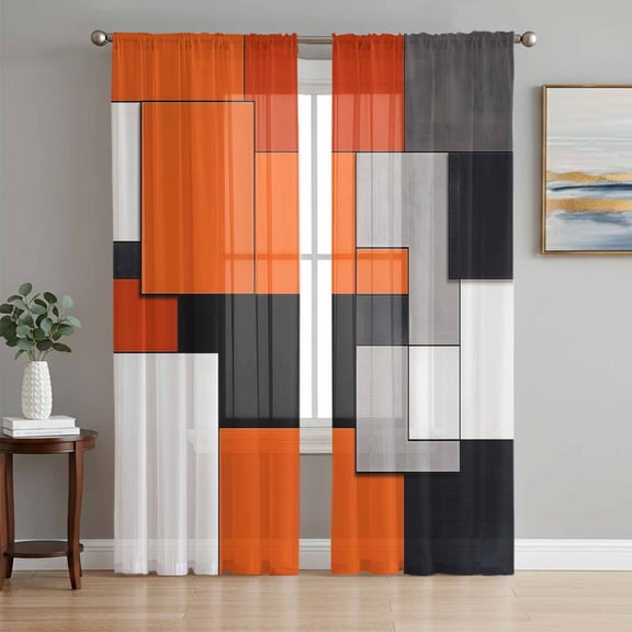Burnt Orange Red Black Sheer Curtains 72 Inch Length 2 Panels Set, Modern Color Block Geometric Voile Window Treatment Rod Pocket Curtains Sheers Drapes for Bedroom/Living Room/Kitchen 52"x72"x2