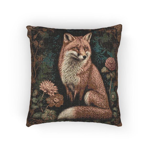 Burnt Orange Red Fox and Forest Flowers Decorative Woven Pillow, Cotton-Polyester Shell, Woodland Style