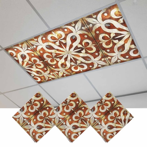 Burnt Orange Retro Magnetic Fluorescent Light Covers for Ceiling Lights 2x4Ft, Ethnic Flowers Impressionist Art Office Classroom Kitchen Drop Ceiling Light Covers Lighting Filters Shade Panel 3 Packs