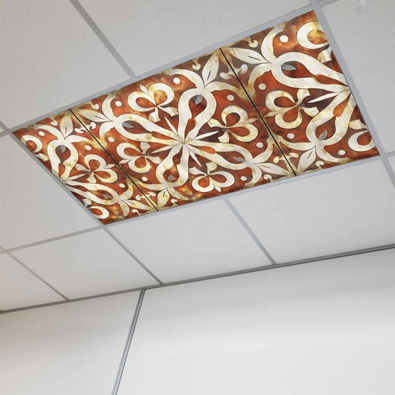 Burnt Orange Retro Magnetic Fluorescent Light Covers for Ceiling Lights 2x4Ft, Ethnic Flowers Impressionist Art Office Classroom Kitchen Drop Ceiling Light Covers Lighting Filters Shade Panel 1 Pack