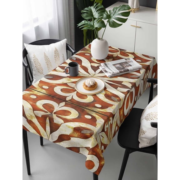Burnt Orange Retro Tablecloth Rectangle Table Cloths 54x108, Waterproof Tablecloth Outdoor Table Cloth, Ethnic Flowers Impressionist Art Washable Table Cover for Kitchen Dinning Party