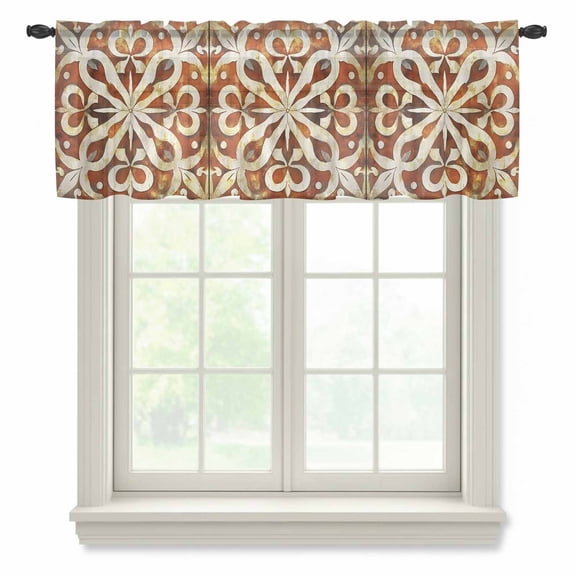 Burnt Orange Retro Valance Curtains for Kitchen/Living Room/Bathroom/Bedroom Window, Rod Pocket Small Topper Half Short Window Curtains Voile Sheer Scarf, Ethnic Flowers Impressionist Art 60"x18"
