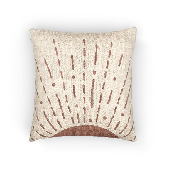 Burnt Orange Rising Sun Rays on Cream Decorative Woven Pillow, Cotton-Polyester Shell, Boho Home Accent