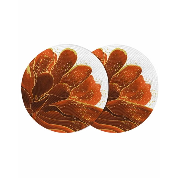 Burnt Orange Round 13 Inch Placemats Set of 2, Sparkle Gold Stained Floral Flower Art HeatResistant Non Slip Place Mats for Dining Table, Wipeable Braided Kitchen Table Mats for Housewarming