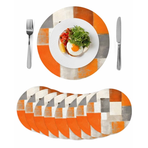 Burnt Orange Round 15 Inch Placemats Set of 8, Grey Modern Abstract Art Oil Painting Geometric HeatResistant Non Slip Place Mats for Dining Table, Wipeable Braided Kitchen Table Mats for Housewarming