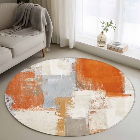 Burnt Orange Round Area Rug 3.3 FT, Non Slip Small Entryway Kitchen Mat, Modern Geometric Grey Oil Painting Abstract Washable Soft Circular Rug Non-Shedding Door Mat for Bathroom Playroom Kids Room