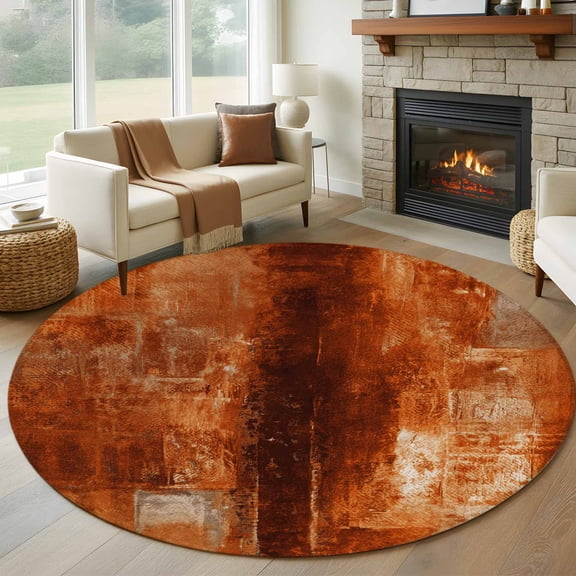 Burnt Orange Round Area Rug 5Ft, Non Slip Circle Area Rugs for Living Room, Retro Oil Painting Modern Abstract Art Aesthetics Low Pile Indoor Floor Carpet Door Mat for Bedroom Kitchen Office Nursery
