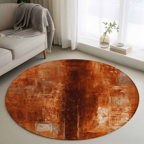 Burnt Orange Round Rug 3Ft, Non Slip Circle Area Rug for Bedroom, Retro Oil Painting Modern Abstract Art Aesthetics Low Pile Indoor Floor Carpet Door Mat for Bathroom Kitchen Entryway Nursery