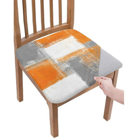 Burnt Orange Seat Covers for Dining Room Chairs Set of 4, Grey Geometric Stretchy Dining Chair Cushion Covers, Removable Washable Furniture Protector Oil Painting Orange Slipcovers for Office