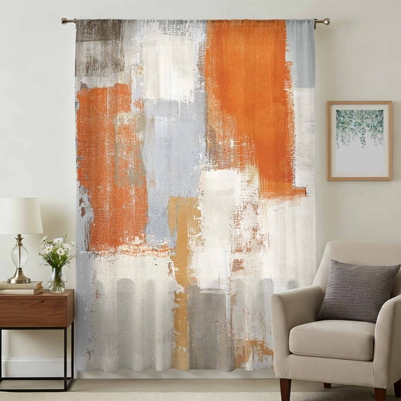 Burnt Orange Sheer Curtains 54 Inches Long, Modern Geometric Grey Oil Painting Abstract Light Filering Curtains, Breathable Simi Curtain Privacy Drapes for Kitchen Bathroom Small Window Treatment