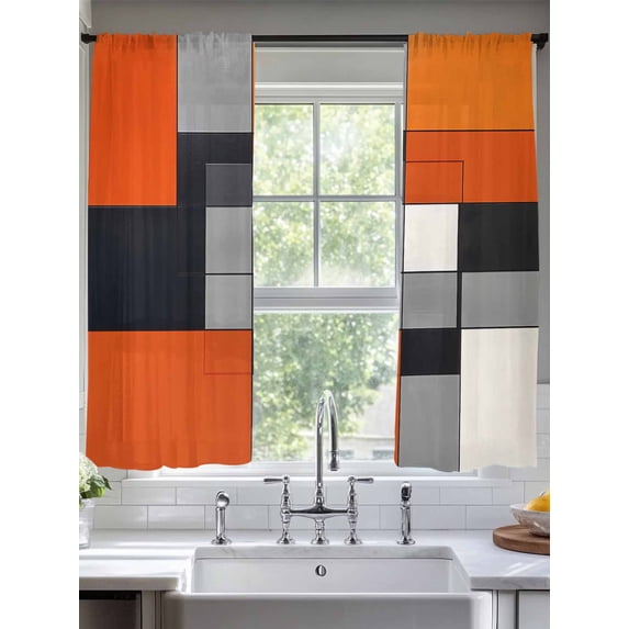 Burnt Orange Sheer Curtains for Living Room Bedroom Geometric Abstract Art Aesthetic Sheer Curtains 63 Inch Long 2 Panels Set Light Filtering Curtain Window Treatments Drapes for Dining Room