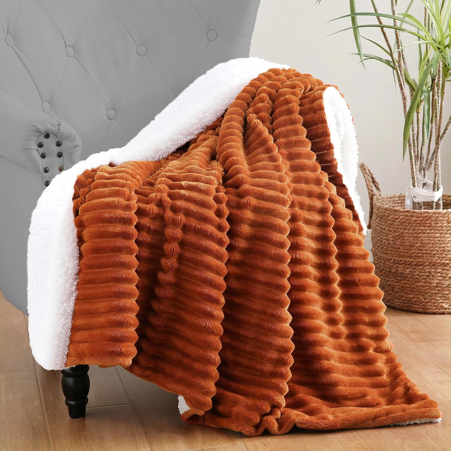 Burnt Orange Sherpa Fleece Throw Blanket 50"×60" for Couch Sofa Bed ...