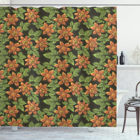 Burnt Orange Shower Curtain, Continuous Floral Pattern with Hand Paint Like Petals and Leaves, Fabric Bathroom Set with Hooks, 69W X 84L Inches Extra Long, Dark Taupe and Green, by Ambesonne