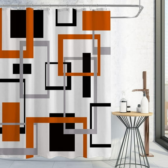 Burnt Orange Shower Curtain, Mid Century Modern Geometric Shower Curtain Set, Abstract Orange Black Grey Square White Backdrop Waterproof Fabric Shower Curtain for Bathroom Decor, 72 x 72