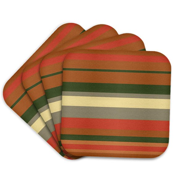 3drose, Burnt Orange, Sienna and Green Striped Design, Set of 4 Coasters - Soft