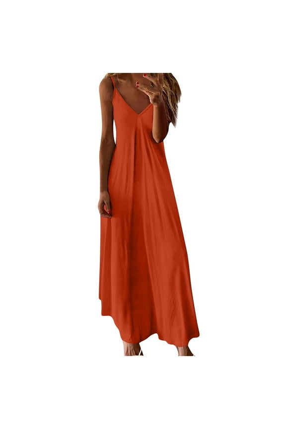 Burnt Orange Sleeveless Spaghetti Strap Dresses for Women Summer Fall Vneck Maxi Long Beach Casual Bohemian Hawaiian Tropical Basic Dresses Sun Dress Women 2025 M