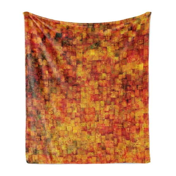Burnt Orange Soft Flannel Fleece Blanket, Vintage Mosaic Background Quadratic Little Geometric Squares Faded Print, Cozy Plush for Indoor and Outdoor Use, 60" x 80", Orange Mustard, by Ambesonne