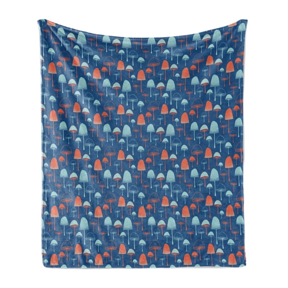 Burnt Orange Soft Flannel Fleece Blanket, Wild Woodland Mushrooms in Grunge Style Pattern Bicolour Design, Cozy Plush for Indoor and Outdoor Use, 70" x 90", Dark Sky Blue and Orange, by Ambesonne