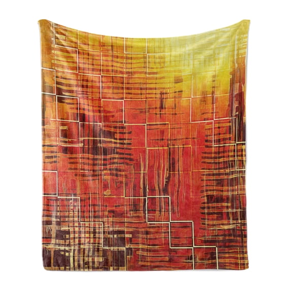 Burnt Orange Soft Flannel Fleece Throw Blanket, Modern Mosaic Art Texture with Small Frames and Lines Fall Illustration, Cozy Plush for Indoor and Outdoor Use, 70" x 90", Orange Yellow, by Ambesonne