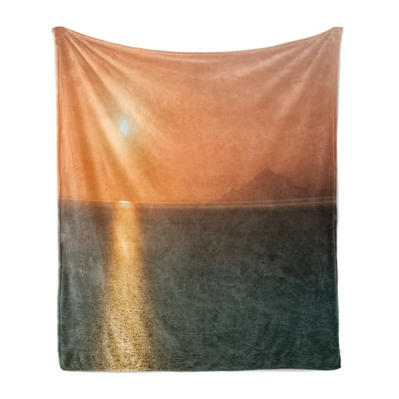 Burnt Orange Soft Flannel Fleece Throw Blanket, Sunrise over Ocean Burnt Horizon Reflection Seascape Coastal Theme, Cozy Plush for Indoor and Outdoor Use, 50" x 60", Orange Blue, by Ambesonne