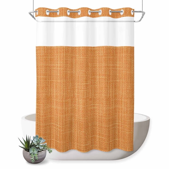 Burnt Orange Solid No Hook Shower Curtain Minimalist Cloth Sunset Orange Linen Texture Shower Curtain with See Through Top Window, Waterproof Washable Fabric Curtain for Bathroom Hotel Decor, 72Wx84L