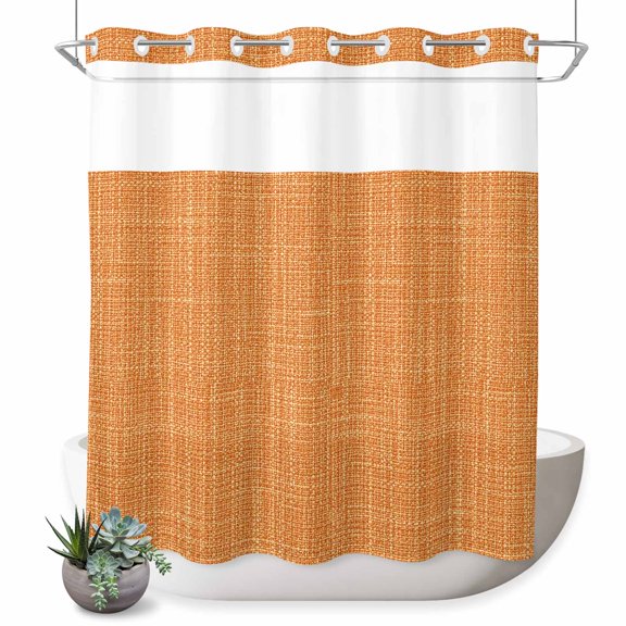 Burnt Orange Solid No Hook Shower Curtain Minimalist Cloth Sunset Orange Linen Texture Shower Curtain with See Through Top Window, Waterproof Washable Fabric Curtain for Bathroom Hotel Decor, 66Wx72L
