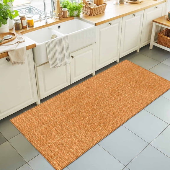 Burnt Orange Solid Washable Runner Rugs 2'x6', Minimalist Cloth Sunset Orange Linen Texture Washable Runner Rug Non-Slip Sturdy Edge Binding Carpet for Bedside Hallway Runner Kitchen Galley