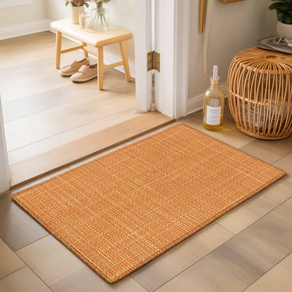 Burnt Orange Solid Washable Small Entryway Area Rugs 2'x3', Minimalist Cloth Sunset Orange Linen Texture Washable Throw Rug Non-Slip Sturdy Edge Binding Carpet for Front Door Floor Room Entry