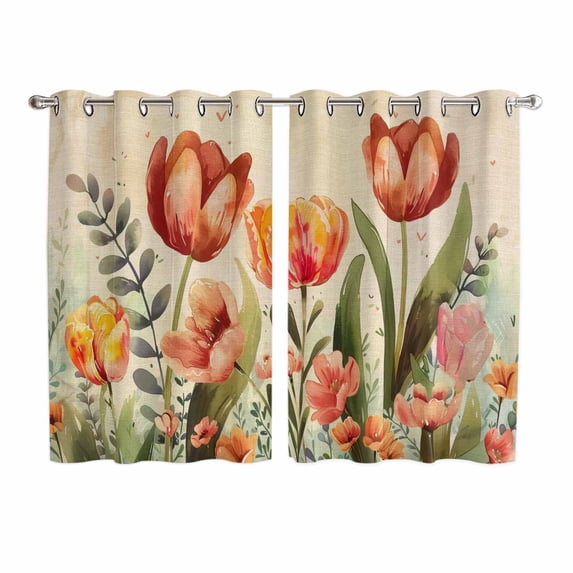 Burnt Orange Spring Floral Kitchen Curtains 72 Inch Length, Summer Botanical Tulip Vintage Grommet Top Bedroom Living Room Curtains, Light Filtering Cafe Curtain Drapes 2 Panels Set 104''x72''