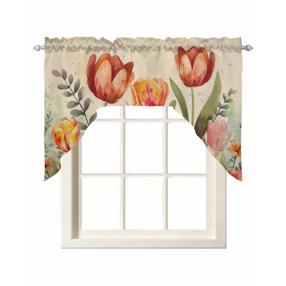 Burnt Orange Spring Floral Kitchen Swag Valance for Window,Rod Pocket Short Kitchen Curtains 36 Inch Length,Summer Botanical Tulip Vintage Swag Topper Small Window Treatment for Cafe Bedroom