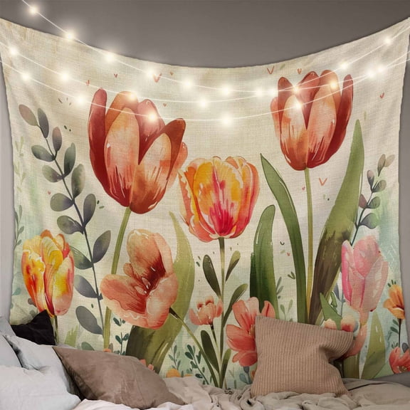 Burnt Orange Spring Floral Small Tapestry for Bedroom Wall Hanging Tapestry,Summer Botanical Tulip Vintage Ceiling Backdrop Tapestries Poster Blanket Wall Decor for Teens Room Living Room 23" x 28"