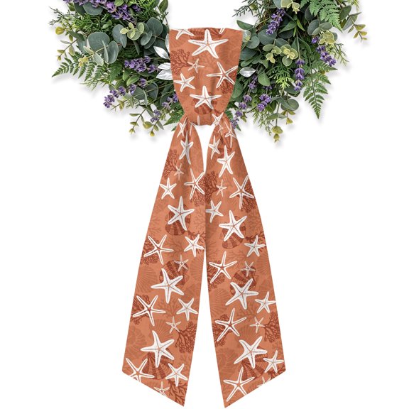 Burnt Orange Starfish Wreath Sash for Front Door, Coral Shell Ocean Vintage Coastal Wreath Bow Holiday Garland Ribbon Wreath Accessories for Home Yard Porch Doorway Fall Christmas Decorations Gifts