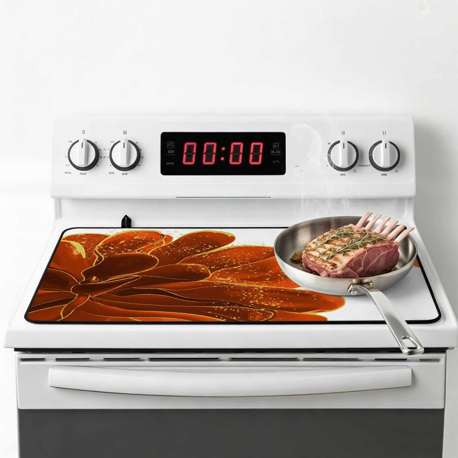 Burnt Orange Stove Top Cover for Electric Stove, Heat-proof & Non Slip Glass Top Stove Cover Protector, Sparkle Gold Stained Floral Flower Art Kitchen Flat Cooktop Rubber Mat 31x24 Inches
