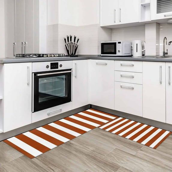 Burnt Orange Stripe 2 Pieces Non-Slip Kitchen Mat Set Farmhouse Striped Abstract Art Soft Door Mat with Rubber Backing,Dirtproof Rugs for Entrance Doorway 19.7x31.5in+19.7x63in