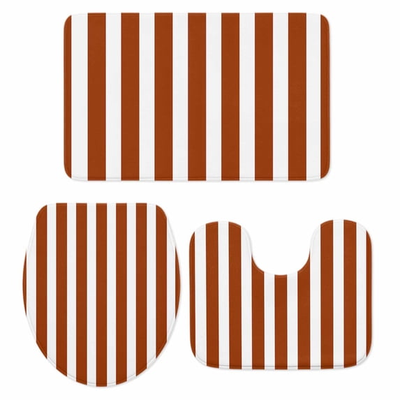 Burnt Orange Stripe Bath Mat 3 Piece Bathroom Rug Set, Farmhouse Striped Abstract Art Non Slip Bath Rug Contour Mat and Toilet Lid Cover, Absorbent Shower Mats Soft Bath Rugs and Mats Sets