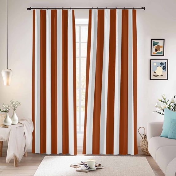 Burnt Orange Stripe Blackout Curtains for Bedroom/Living Room, Pinch Pleated Black Out Curtains, Farmhouse Striped Abstract Art Room Darkening Window Drapes with Hooks 2 Panels, 59"x70"