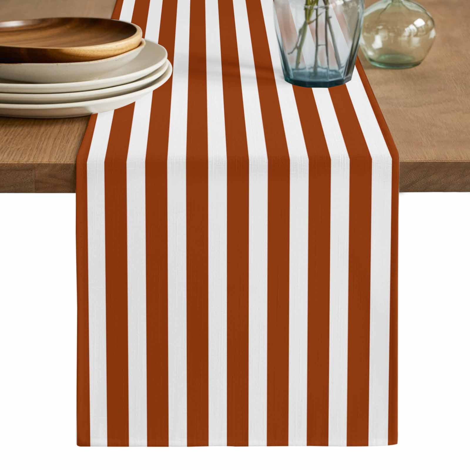 Burnt Orange Stripe Table Runner, Farmhouse Striped Abstract Art Washable Cotton Linen Table Runners 60 Inches Long, Dresser Scarf Runner for Coffee/TV Stands/Kitchen/Cabinets 13''x60''
