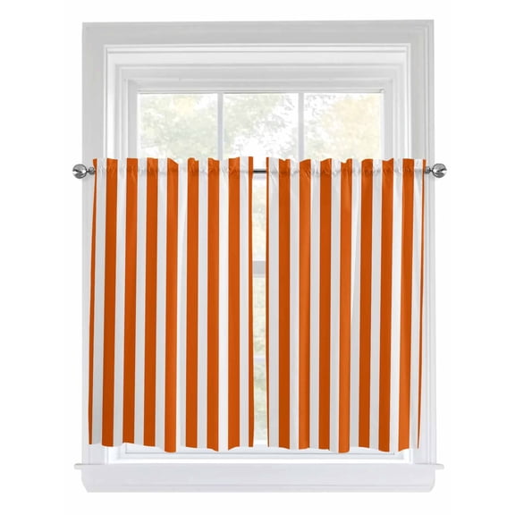 Burnt Orange Striped Kitchen Curtains 45 Inch Length, Thanksgiving Orange White Stripes Rod Pocket Light Filtering Window Curtains Living Room Bedroom Curtain Drapes Cafe Curtain 42''x45''x2