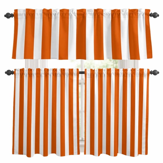 Burnt Orange Striped Kitchen Curtains Sets for Windows 24 Inch Length, Thanksgiving Orange White Stripes Rod Pocket Window Treatments Tier Curtains and Valances Set for Bedroom/Bathroom