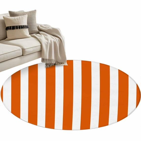 Burnt Orange Striped Large Area Rugs for Bedroom Living Room, Soft Non Slip Carpet Bedside Rug, Thanksgiving Orange White Stripes Round Floor Cover Kitchen Accent Rug 4' for Dining Room/Office