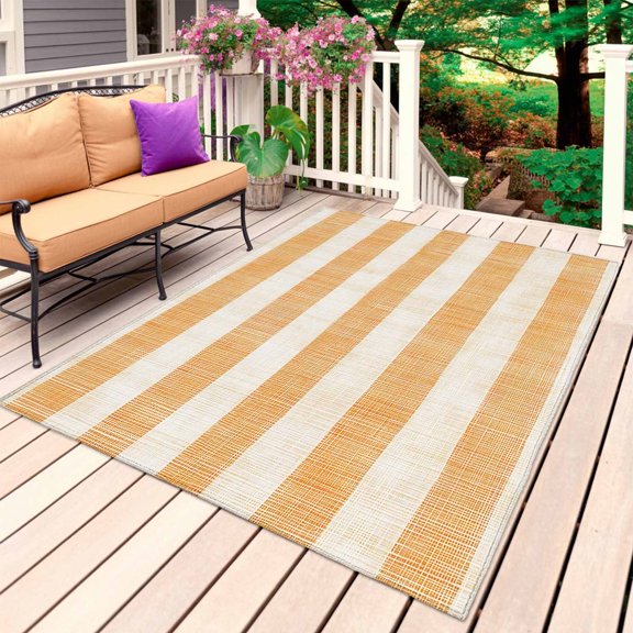 Burnt Orange Striped Outdoor Rug for Patio/Deck/Porch, Non-Slip Large Area Rug 3 x 5 Ft, Farmhouse Vintage Stripes Indoor Outdoor Rugs Washable Area Rugs, Reversible Camping Rug Carpet Runner