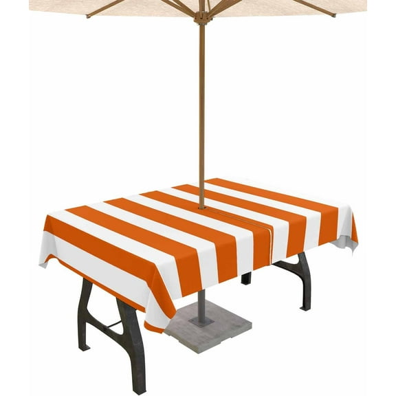 Burnt Orange Striped Outdoor Tablecloth - 60x102 Inch Rectangle Table Cover, Thanksgiving Rustic Orange White Stripes Waterproof Outdoor Table Cloth with Umbrella Hole & Zipper for Patio