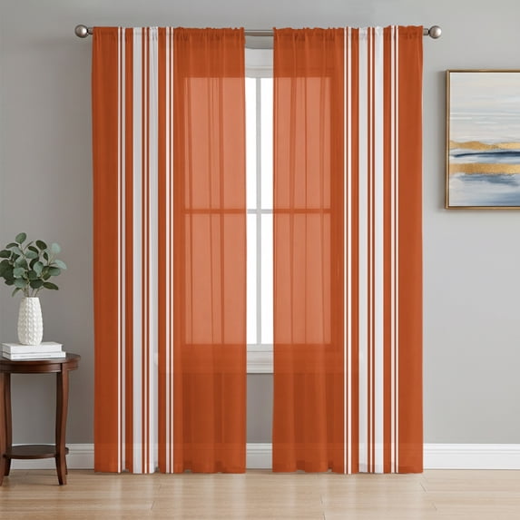 Burnt Orange Striped Sheer Curtains 84 Inch Length 2 Panels Set, Farmhouse White Stripes Aesthetics Voile Window Treatment Rod Pocket Curtains Sheers Drapes for Bedroom/Living Room/Kitchen 52"x84"x2