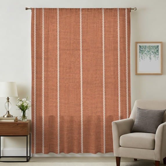 Burnt Orange Striped Sheer Curtains 84 Inches Long, Farmhouse Linen Texture Line Stripes Light Filering Curtains, Breathable Simi Curtain Privacy Drapes for Living Room Bedroom Window Treatment