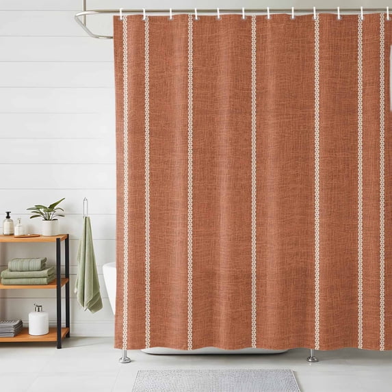Burnt Orange Striped Shower Curtains for Bathroom, Farmhouse Linen Texture Line Stripes Waterproof Fabric Shower Curtain, Decorative Bathroom Curtain for Bathtub, 72"x72", No Hooks Included