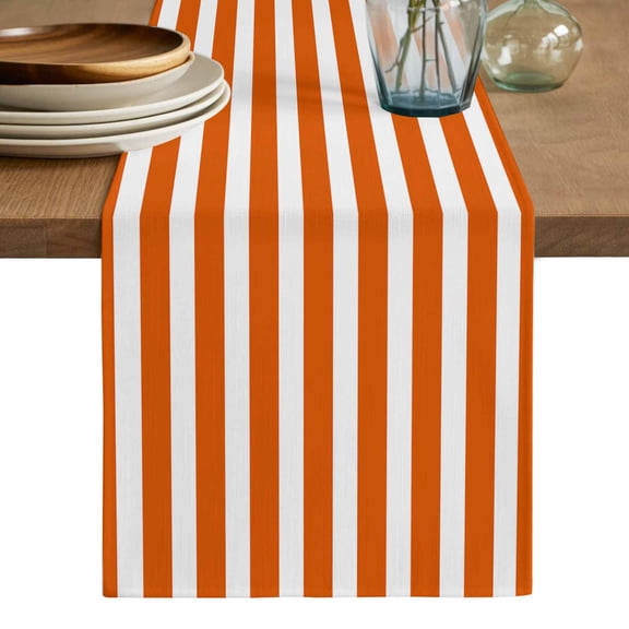 Burnt Orange Striped Table Runner, Thanksgiving Orange White Stripes Washable Cotton Linen Table Runners 36 Inches Long, Dresser Scarf Runner for Nightstand/End Tables/Round Tables 13''x36''