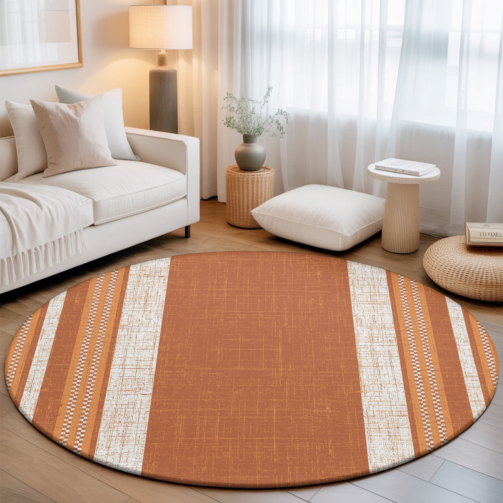 Burnt Orange Stripes Minimalist Round Area Rug 5ft,Living Room Rug Non ...