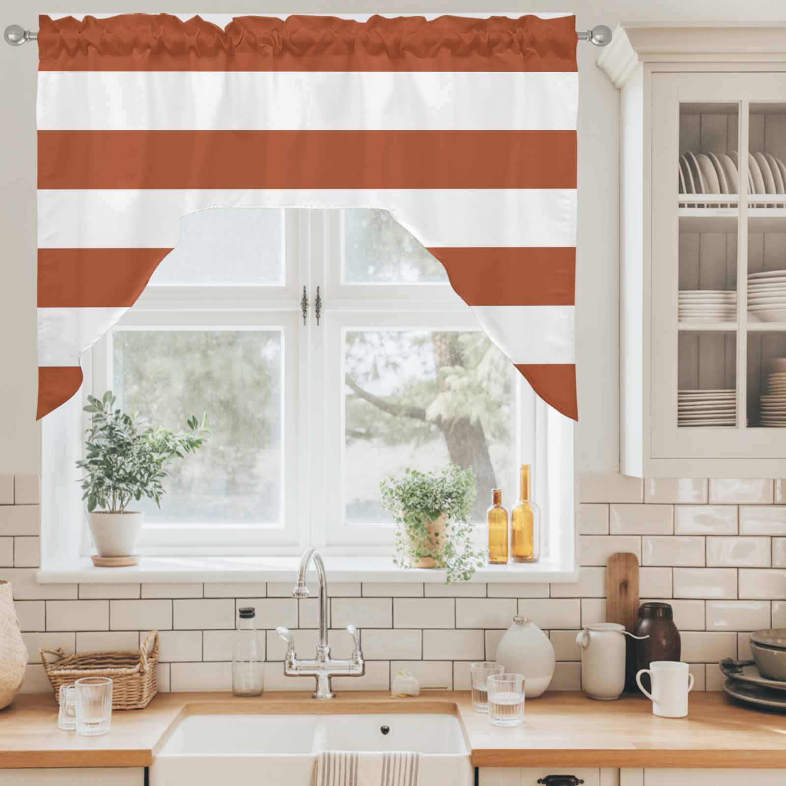 Burnt Orange Stripes Swag Valance for Windows, Modern Artistic Parallel ...