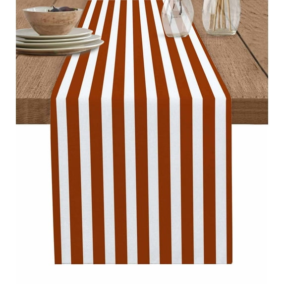Burnt Orange Stripes Table Runner Cotton Linen 36 Inch Holiday Dresser Scarves, Farmhouse White Simple Vertical Striped Tablerunner for Kitchen Coffee Dining Bedroom Dinner Scarf Décor 13''x36''