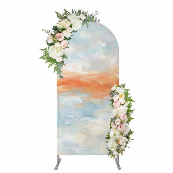 Burnt Orange Sunset Arch Backdrop Cover 5FT, Modern Abstract Art Seaside Spandex Fitted Stretchy Arch Stand Covers, Round Top Chiara Backdrop Cover for Wedding Party Birthday Baby Shower